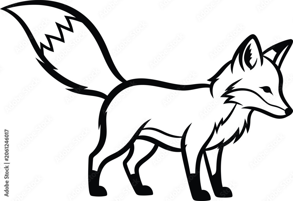 Obraz premium Black and white cartoon fox with long bushy tail standing alone