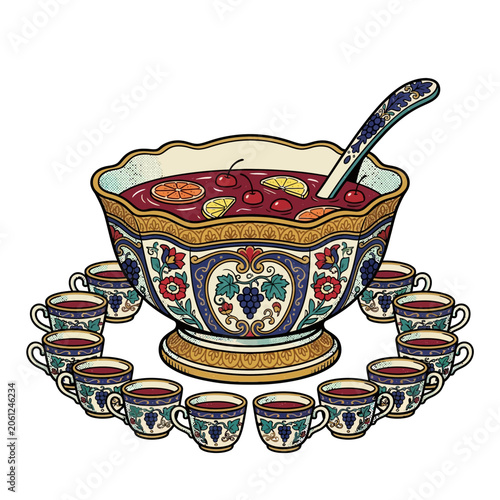 Festive Punch Bowl with Cups - Celebration Illustration