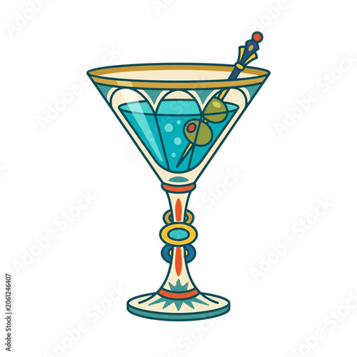 Retro Cocktail Illustration: Martini Glass with Olives, Isolated