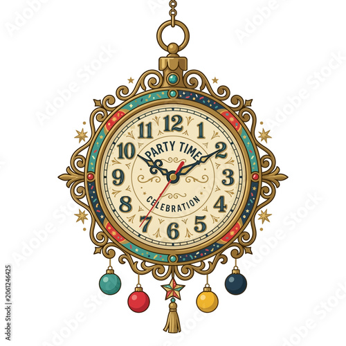 Party Time Clock Illustration, Vintage Design, Isolated