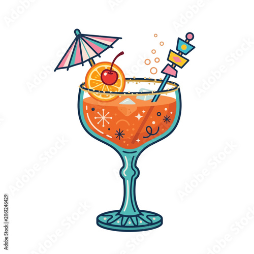 Retro cocktail illustration, orange cherry garnish, white background