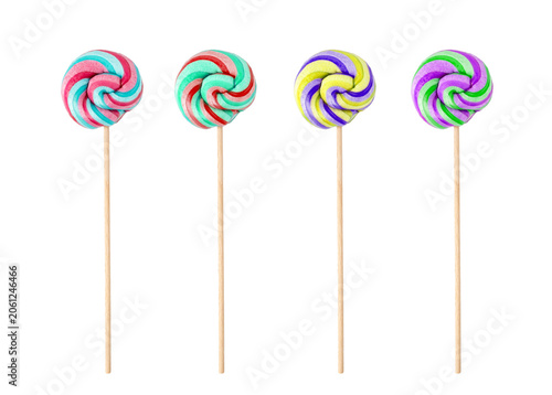 Color lollipop, spiral candy on stick, colorful striped lollypop, round fruit caramel, circle lollipop