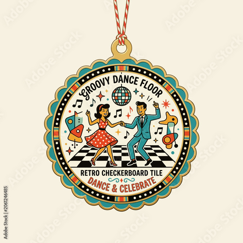Retro ornament: dancing couple on groovy dance floor
