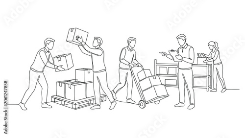 continuous line drawing Warehouse workers loading boxes on pallets.