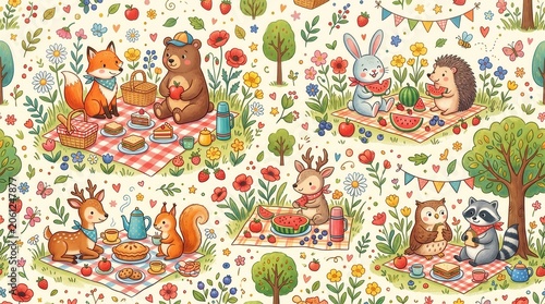 Forest animals picnic on checkered blankets, eating sweet treats and fruits on a sunny day