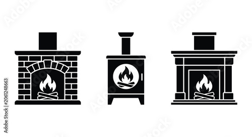Three Fireplace Silhouettes With Flames And Brickwork Black Silhouette
