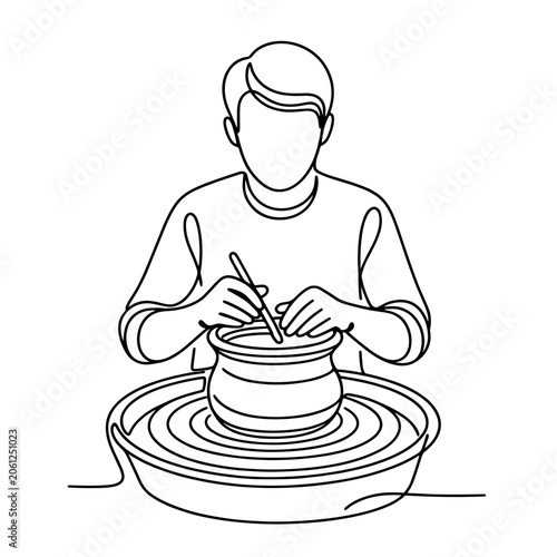 Creative Potter Shaping Clay Vessel on Pottery Wheel in Continuous One Line Drawing