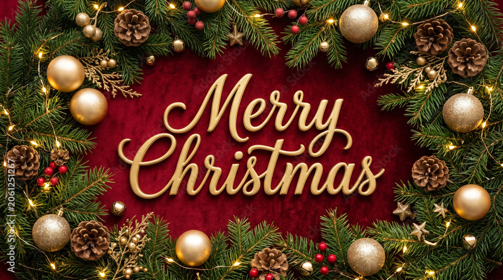 Obraz premium Top view Christmas flat lay with Merry Christmas sign