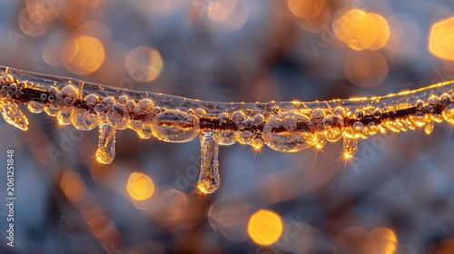 Ice layer on twig with air bubbles winter close up