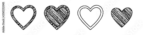 Childlike crayon hearts with unique scribble textures and outlines.