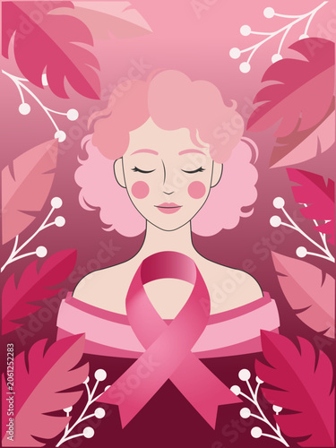 Woman supporting breast cancer awareness with pink ribbon