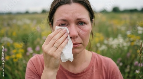 Woman wiping tears and red eyes in nature field, allergy irritation, springtime, discomfort, flowering meadow, health issue, outdoors.
