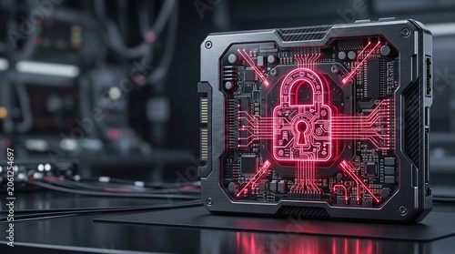 Premium quantum cryptographic security drive with neon lock patterns 3D illustration with copy space