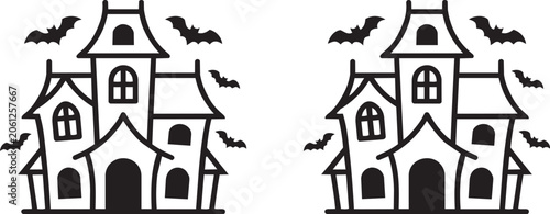 Spooky haunted house vector illustration with flying bats for halloween projects showcased on transparent background