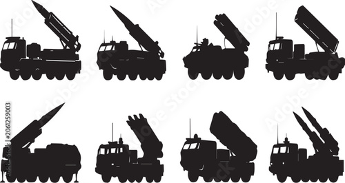 Schilderij op canvas Military Missile Launcher Truck Silhouettes Set - Professional Vector Collection of Mobile Artillery, Rocket Launchers, and Defense Weaponry Icons for Graphic Design and Illustrations