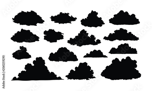 Collection of various cloud silhouettes on white background