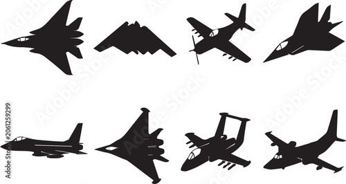 Foto Comprehensive Vector Silhouette Collection of Modern Military Aircraft Including Fighter Jets, Stealth Bomber, Attack Planes, and Cargo Aircraft for Design Projects and Graphic Assets