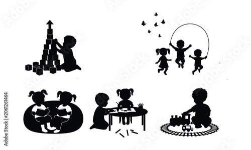 Childhood activities silhouette collection building blocks jump rope reading art train play