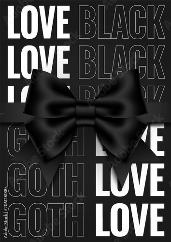 Gothic poster template with black 3D bow and repeating typography. Vector illustration.