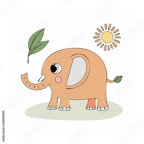 Cute cartoon elephant with sun and leaf