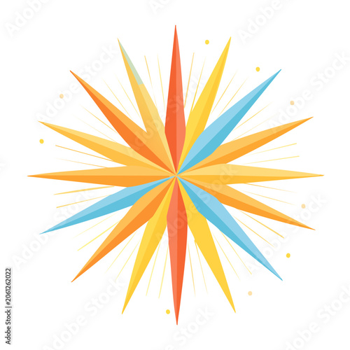 Geometric starburst with orange, yellow, and blue points