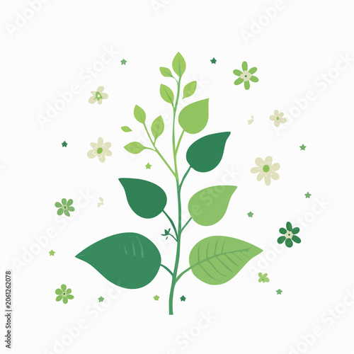 Green Plant with Flowers and Stars Illustration