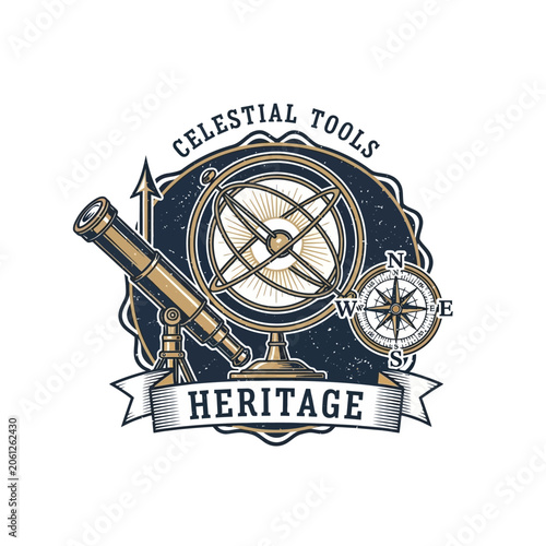 Slika na platnu Celestial tools heritage vintage logo featuring telescope armillary sphere and navigational compass