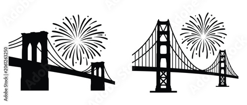 Black silhouette of brooklyn and golden gate bridges with fireworks Vector