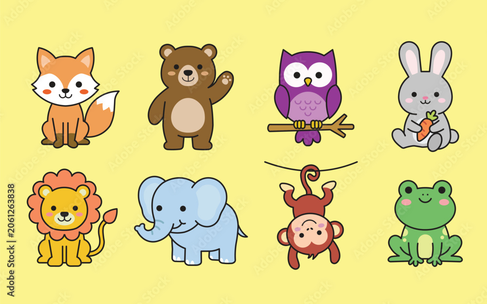 Fototapeta premium Cute Cartoon Animals Set Vector Illustration for Children