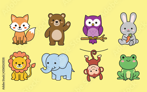Cute Cartoon Animals Set Vector Illustration for Children