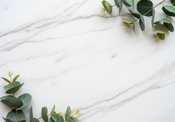 White marble surface with green eucalyptus branches in the corners