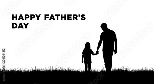 Father and Child Holding Hands Walking Silhouette on Grass for Happy Father's Day