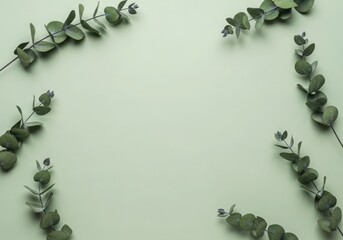 Eucalyptus branches arranged in a circular frame on a solid pale green background