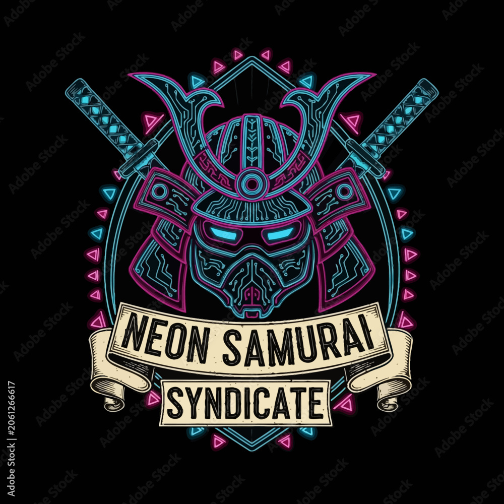 Fototapeta premium Cyberpunk neon samurai mask emblem with crossed katanas on a black background for gaming.