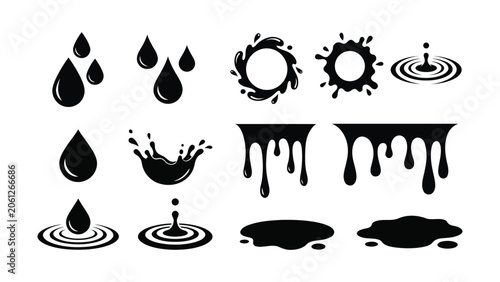 Collection of black liquid splashes and drops on white background for design and decoration purposes