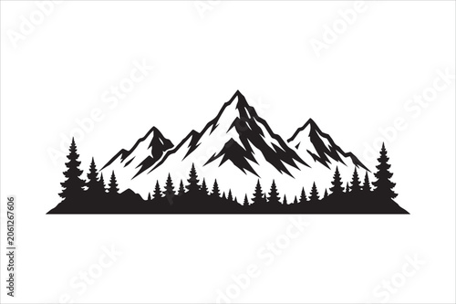 Wilderness mountain skyline silhouette, outdoor adventure theme, black vector