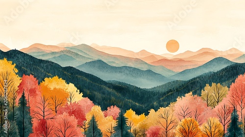 Watercolor landscape featuring rolling misty mountains with vibrant autumn foliage and a setting sun