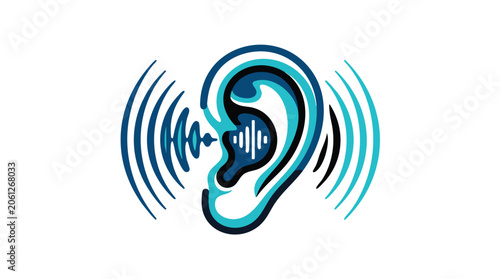 Abstract illustration of a human ear capturing sound wave frequencies with listening