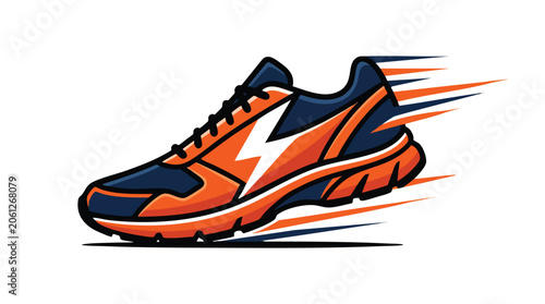 Fast moving running shoe with lightning bolt emblem and speed lines athletic lightning