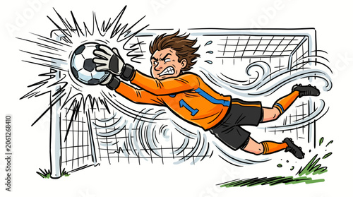 Cartoon soccer goalkeeper diving to save a goal.