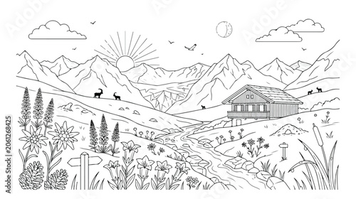 Foto 雄大な山脈と山小屋の風景、自然豊かな渓流と野生動物が描かれた白黒線画イラスト。アウトドア、ハイキング、自然保護をテーマにしたデザインに最適なベクター素材。