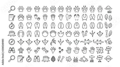 Foto 動物の足跡と足跡のアイコンセット、野生動物の追跡と探検をテーマにした手描きのベクターイラストコレクション、自然観察やアウトドア活動に最適なモノクロデザイン。