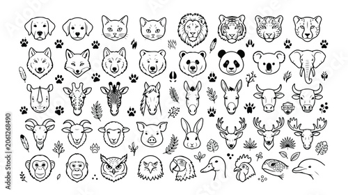 Photography 動物の顔と足跡のモノクロベクターアイコンセット、犬、猫、ライオン、キツネ、クマ、パンダ、ゾウ、キリン、ウサギ、鳥、魚など多様な野生動物と家畜のイラスト素材、ウェ