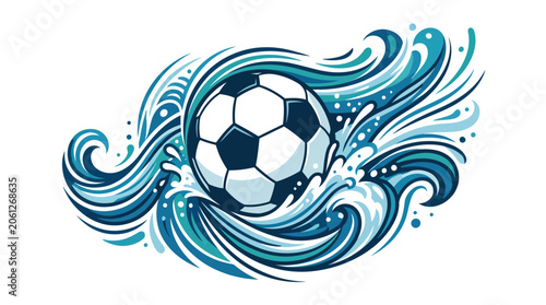 Dynamic soccer ball illustration with swirling water wave motion.