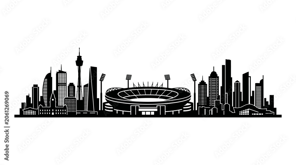 Obraz premium Melbourne City Skyline Silhouette Featuring The Iconic Cricket Ground Stadium.