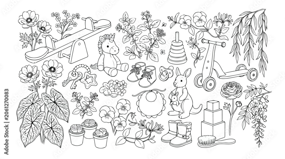 Obraz premium ベビー用品と植物の線画イラストセット、子供向けおもちゃ、動物、花、葉っぱのベクターコレクション、塗り絵やデザイン素材に最適
