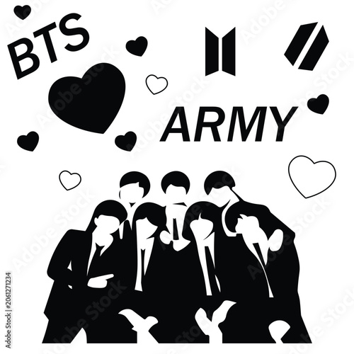 Φωτογραφία K-pop boy band silhouette vector, BTS and ARMY fan art illustration, black and w