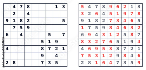 Sudoku square vector puzzle with outlined grid and solution  