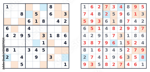Sudoku square puzzle with numbered grids and solution example  