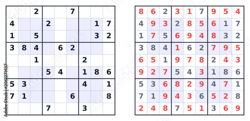 Sudoku puzzle with solved and unsolved grids on white background  